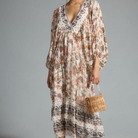 Anthropologie Dresses & Skirts - Anthropologie V-Neck Long-Sleeve Maxi Chiffon Floral Paisley Cream Pink Dress